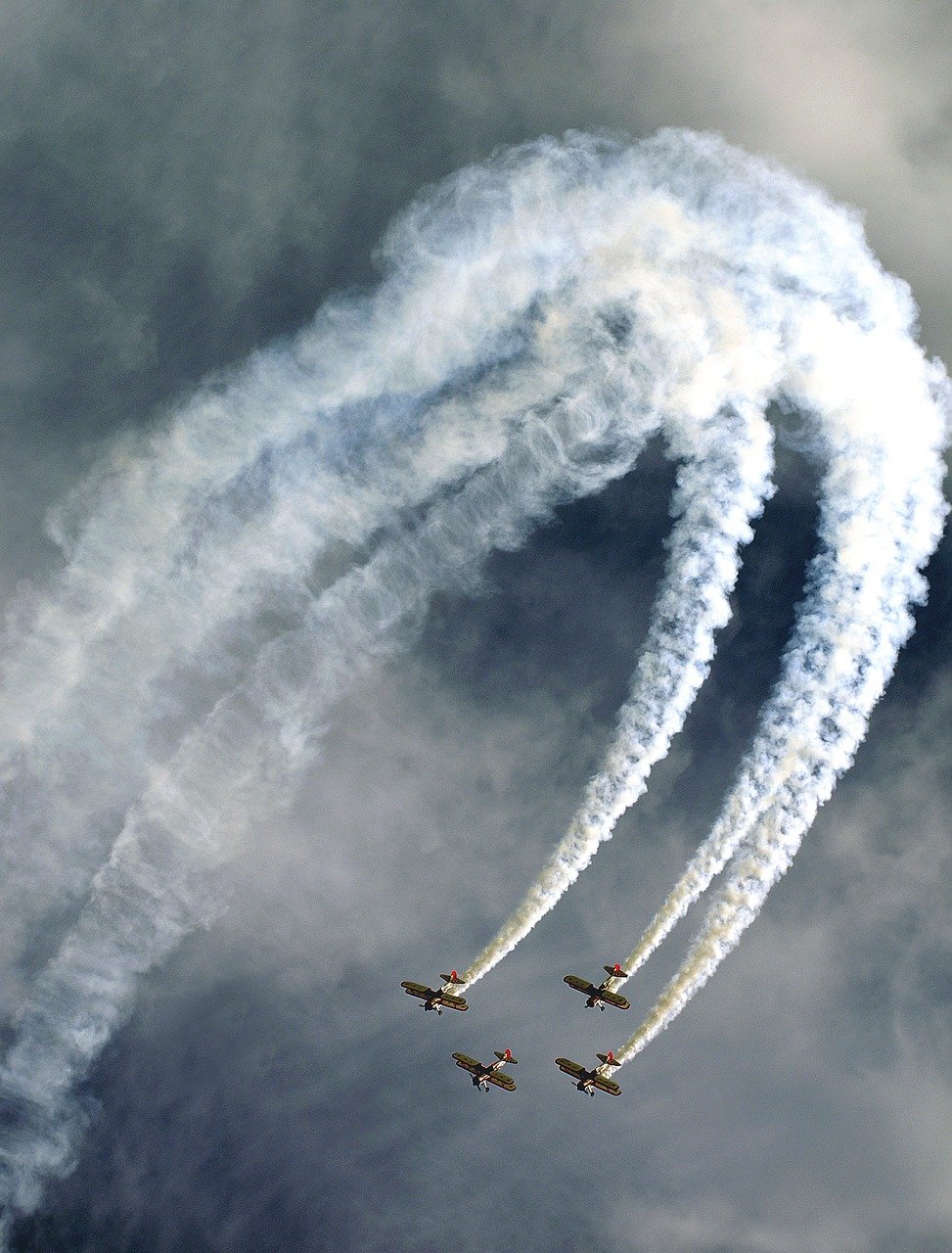 team-03 red baron squadron, smoke, air show, planes, airplane, aviation, aircraft, airshow, fly, biplane, loop, aerobatics, formation